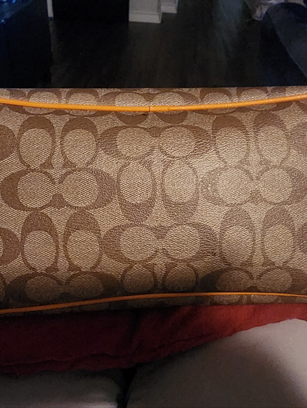 COACH Tan Signature Canvas Tote with Orange Trim and Pink Handles - Picture 9 of 11